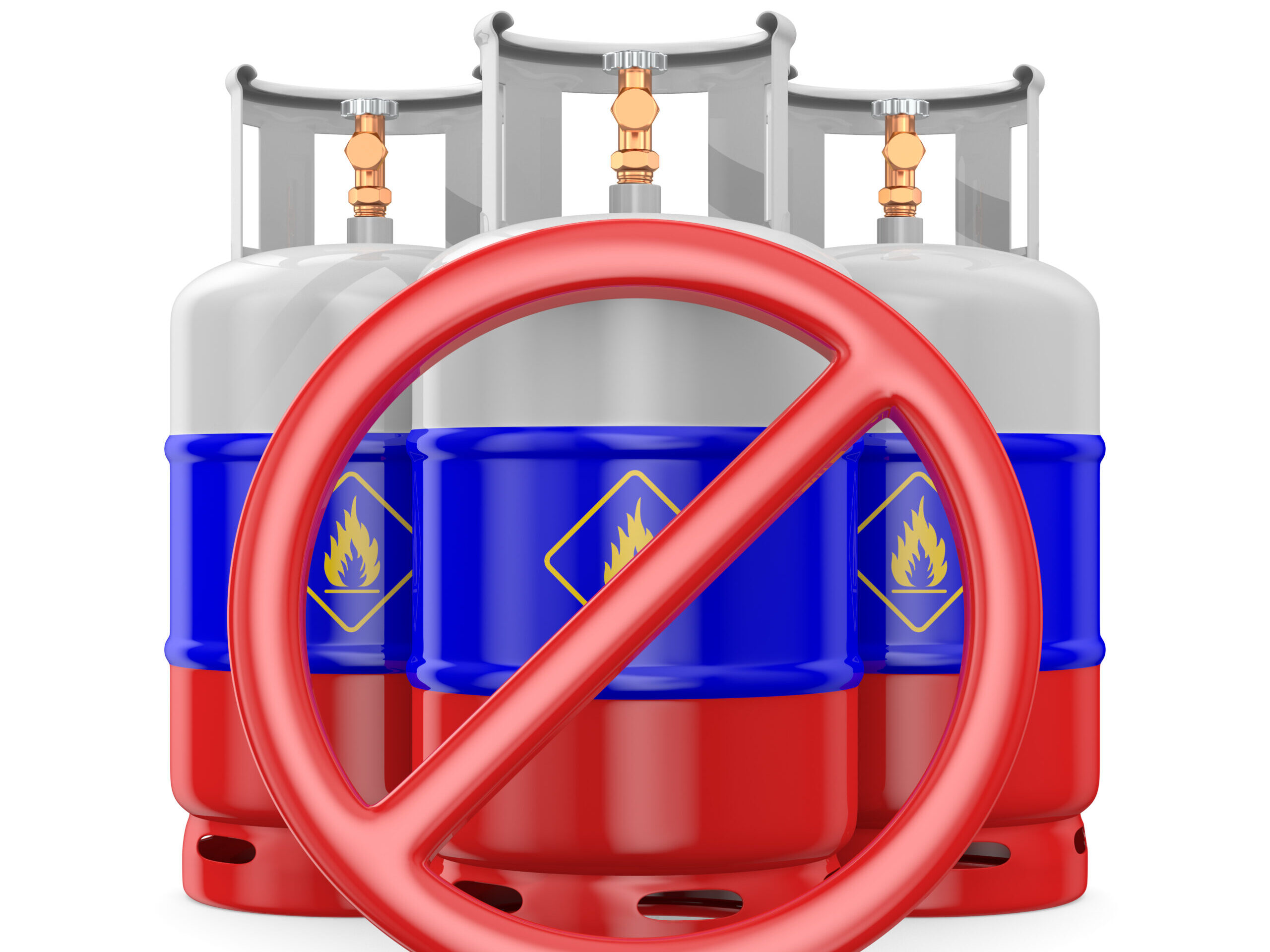 forbidden sign and gas cylinder with flag russia on white backgr