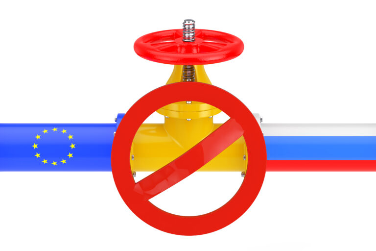 Gas Pipeline with Russian and European Union Flags and Red Forbi