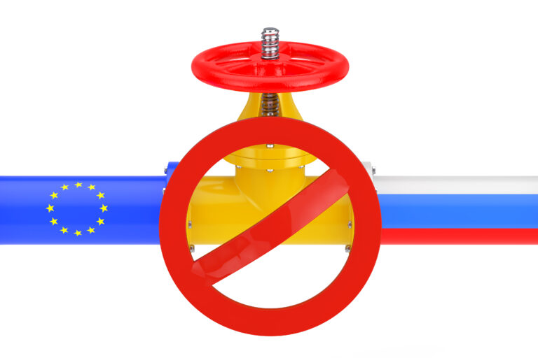 Gas pipeline with russian and european union flags and red forbi