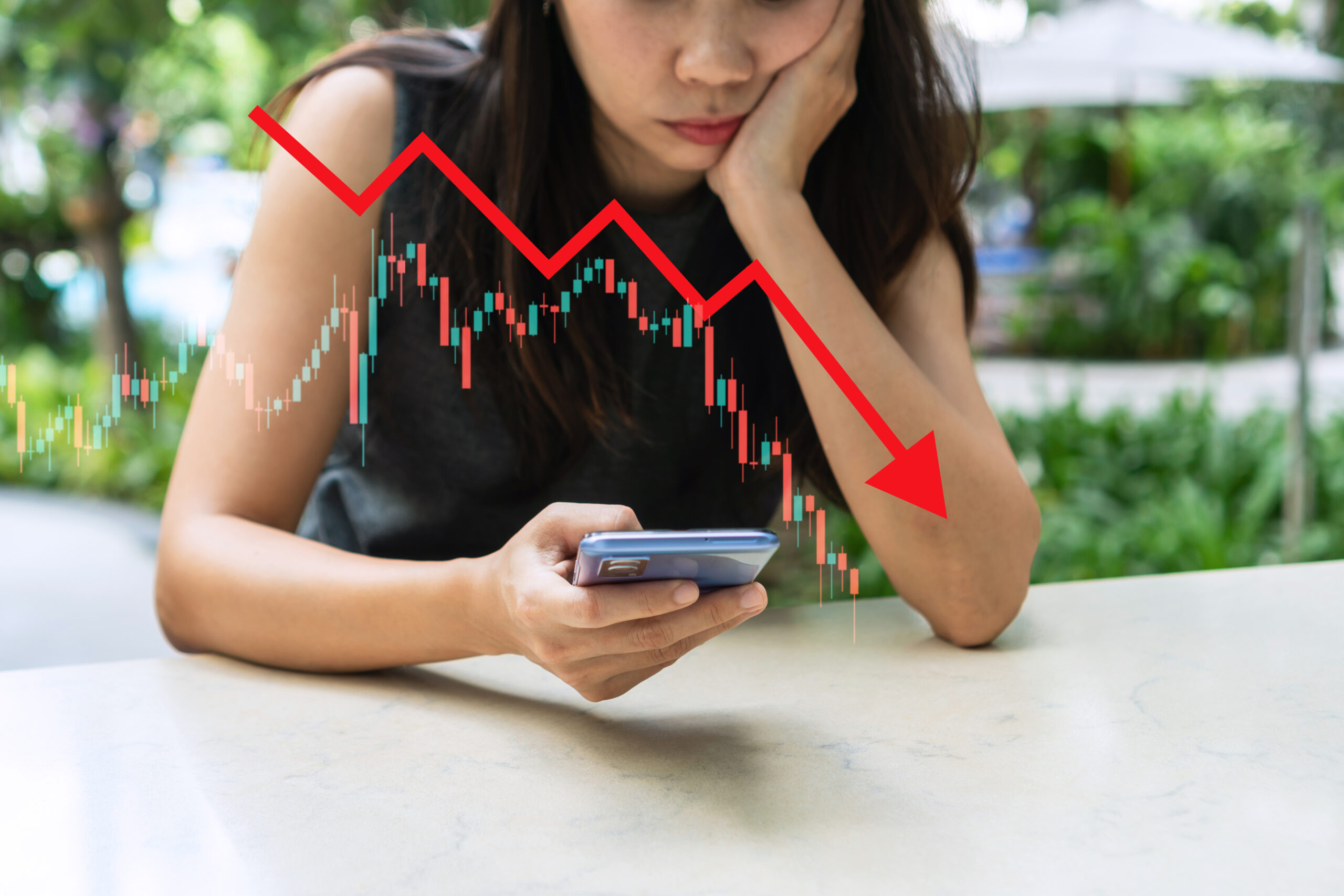 Stressed Asian businesswoman crypto trader broker investor look