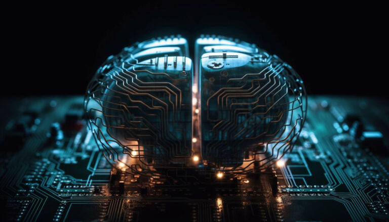 Glowing circuit board, complex technology inside modern computer generated by ai