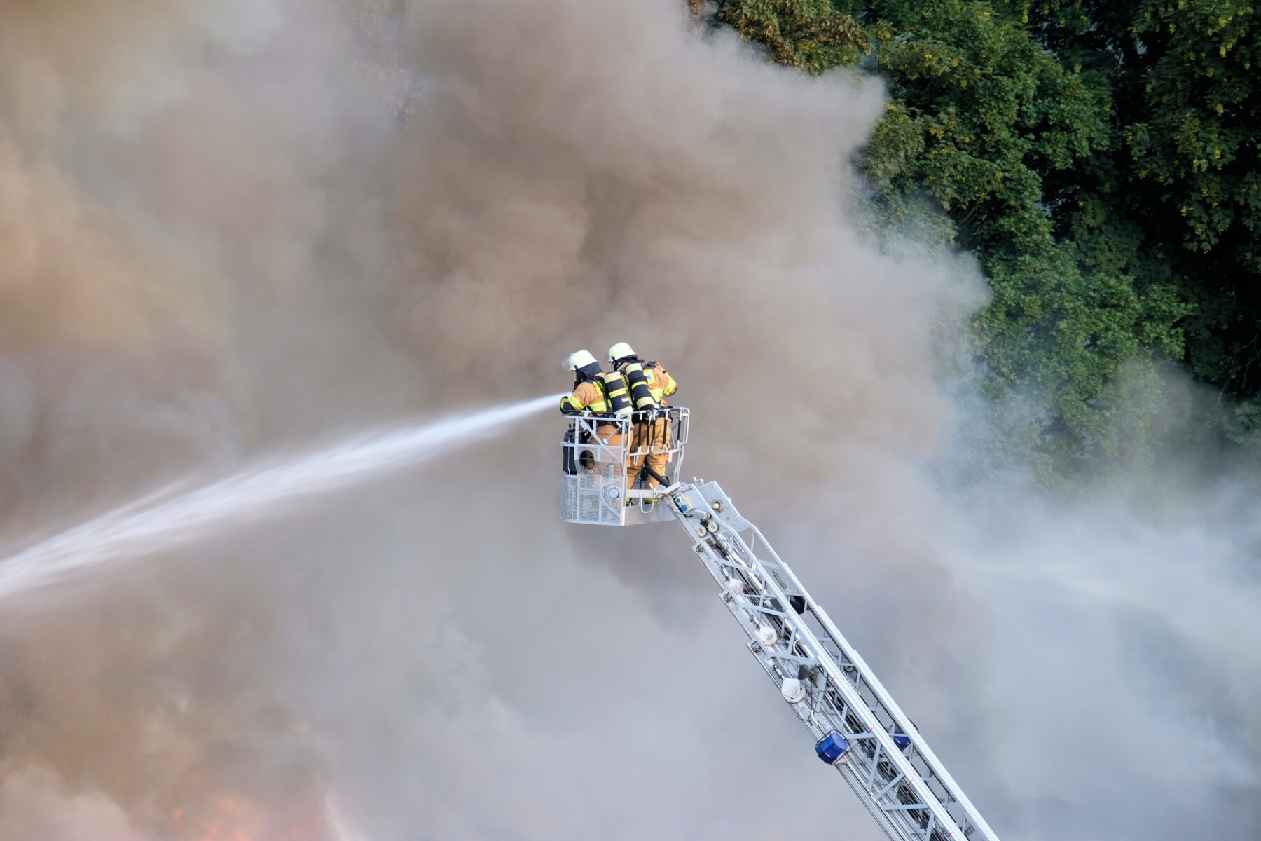 Two firefighters trying to stop the fire in the forest surrounded by smoke