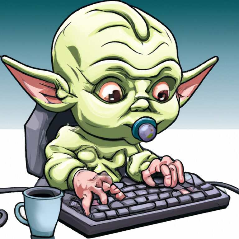 Cartoon,artistic,image,of,infant,goblin,with,pacifier,typing,at