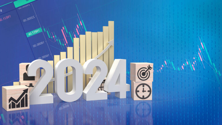 The 2024 number and icon business on wood cube 3d rendering