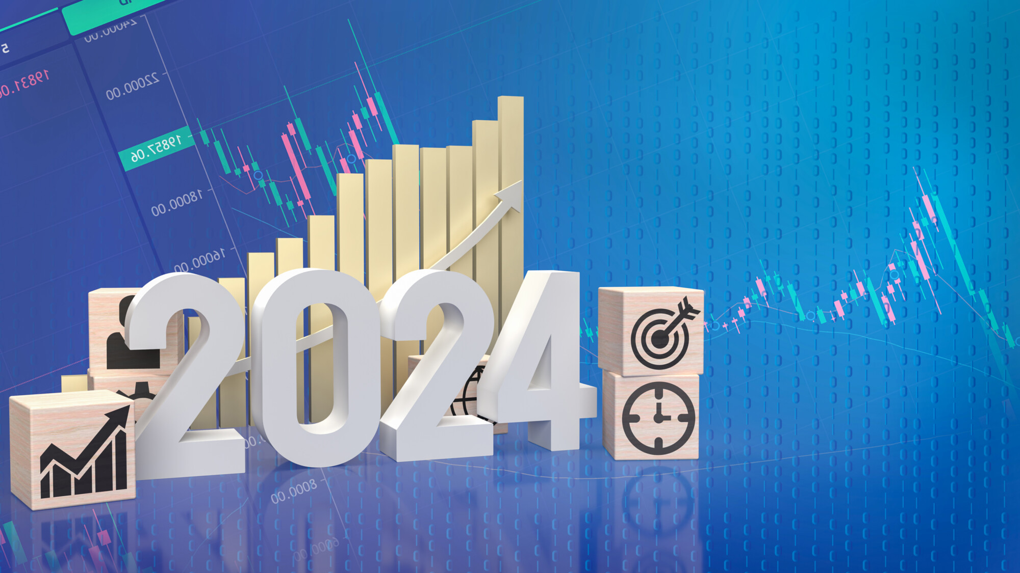 The 2024 Number and icon Business on wood cube 3d rendering
