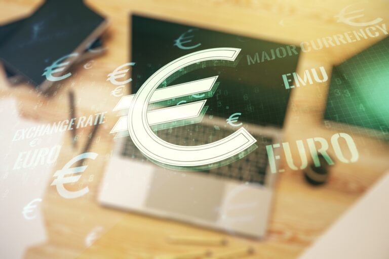 Creative euro usd symbols illustration modern computer background forex currency concept multiexposure