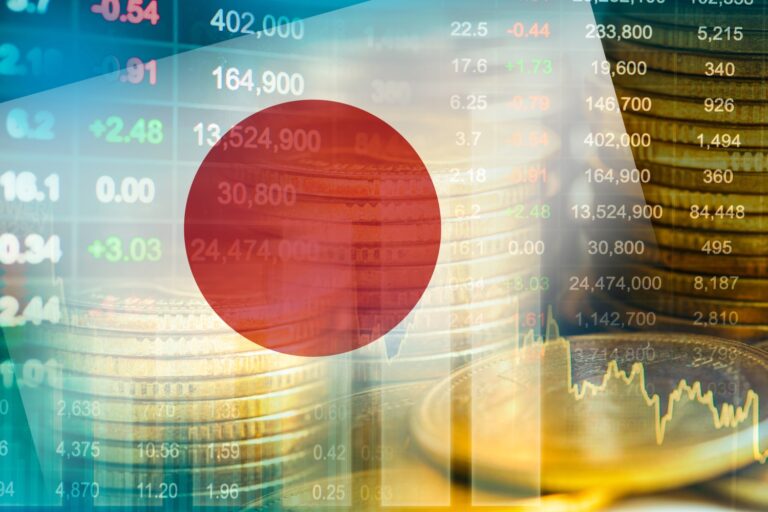 Japan flag with stock market finance economy trend graph digital technology (1)
