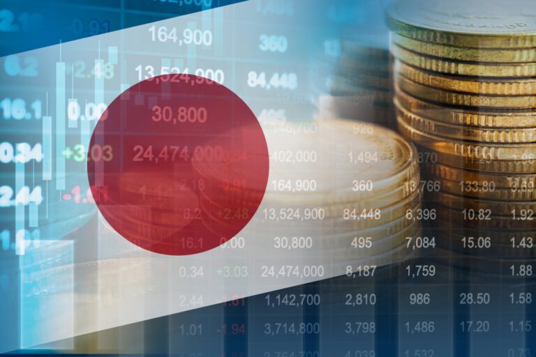 Japan flag with stock market finance economy trend graph digital technology
