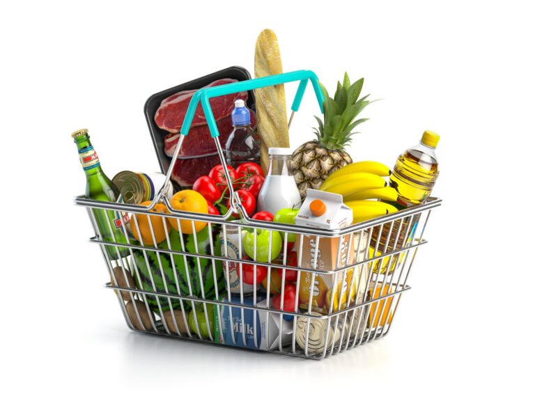Shopping basket full variety grocery products isolated white 3d illustration