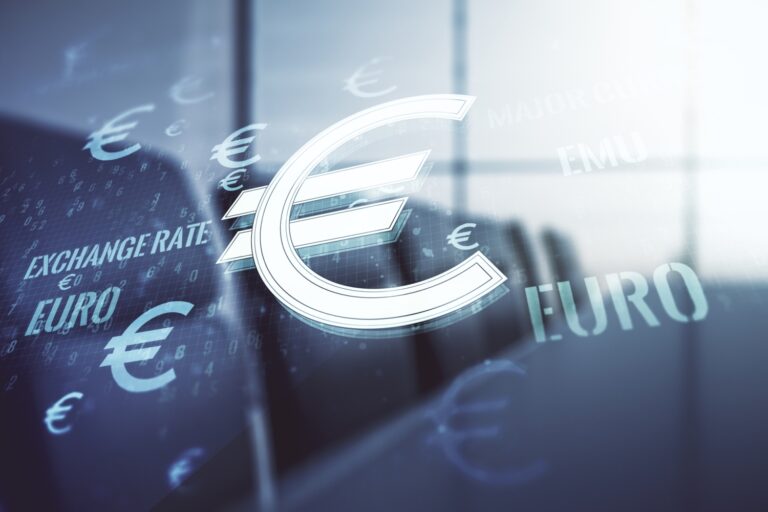 Virtual euro symbols illustration modern coworking room background forex currency concept multiexposure