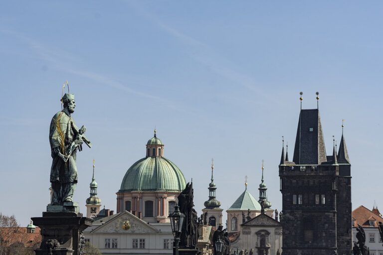 Closeup saint john nepomuk statue charles bridge prague czech republic