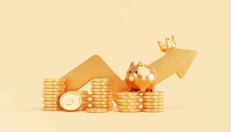 Gold piggy bank with gold coin money stacks growing arrow business finance savings investment concept background 3d illustration