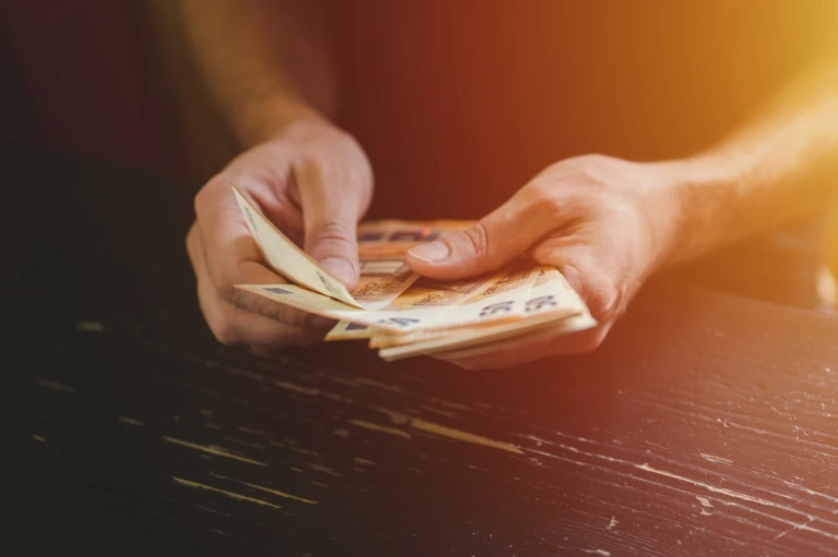 Business Man Counting Money Rich Male Hands Holds Count Cash Banknotes 50 Euros Bills Notes Currency Flare