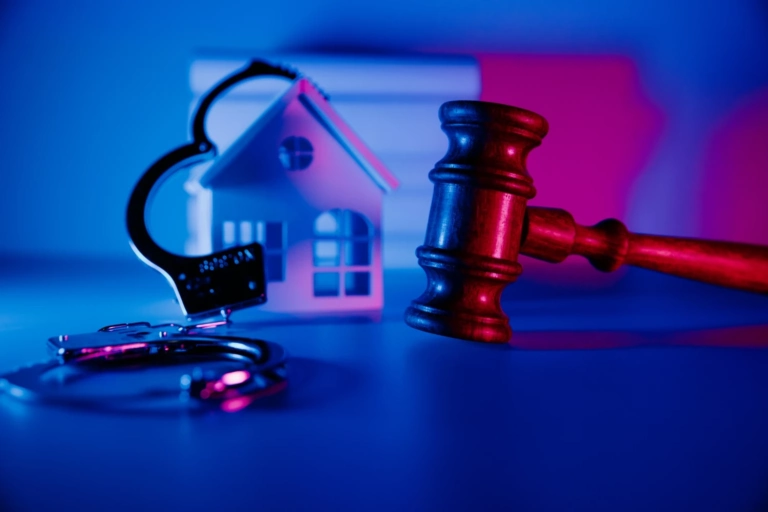 Wooden Gavel Judge Handcuffs House Concept Fraud With Real Estate