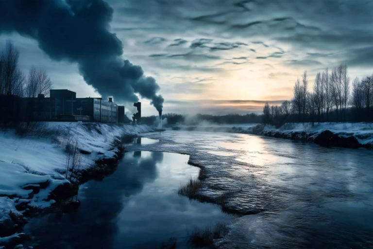 Factory Smoke Emitting Into Frozen River
