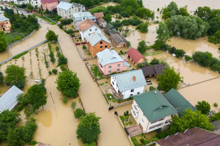 Aerial View Flooded Houses With Dirty Water Dnister River Halych Town Western Ukraine (2)