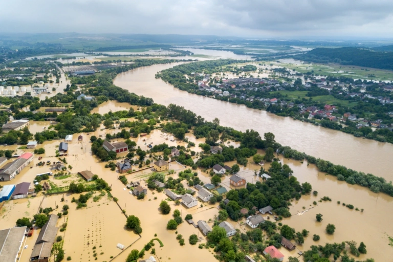 Aerial View Flooded Houses With Dirty Water Dnister River Halych Town Western Ukraine