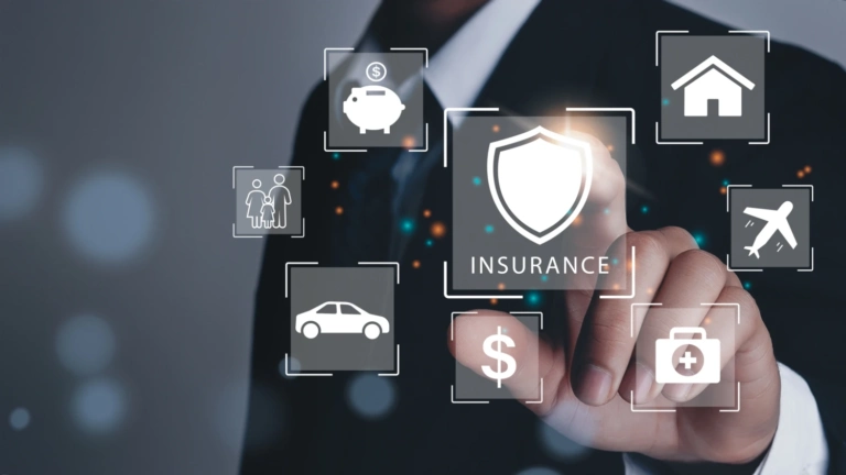 Businessman Hand Clicks Insurance Icons Car Travel Family Life Financial Health Insurance Insurance Online Buy Concept