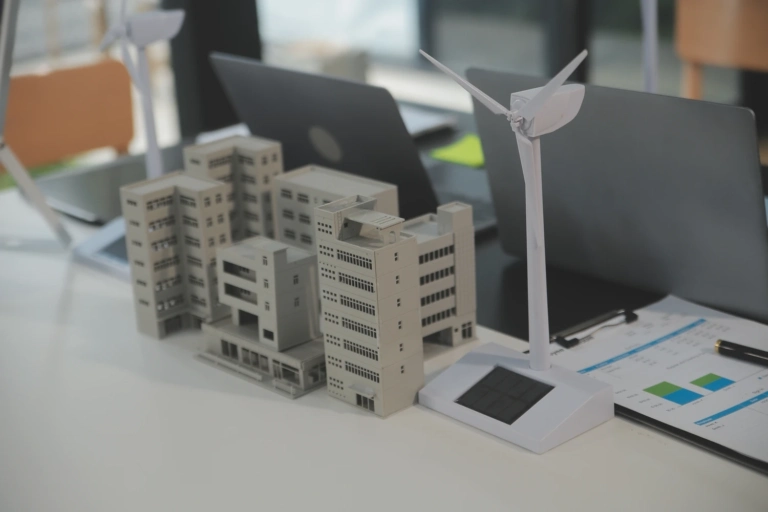 Closeup Tablet Engineers Pointing Tablet With Their Hands Jointly Design Use Renewable Energy With Wind Solar Energy Concept Using Renewable Energy