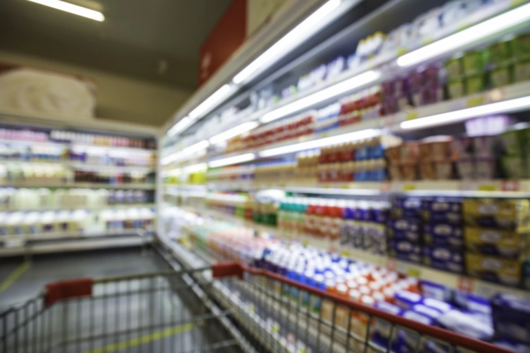 Defocused Blur Drink Milk Food Buying Cart Shopping Put Shelf Drink Supermarket