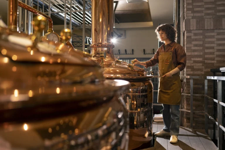 Full shot woman working beer factory