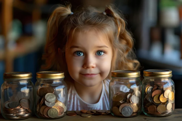 Portrait girl surrounded by money