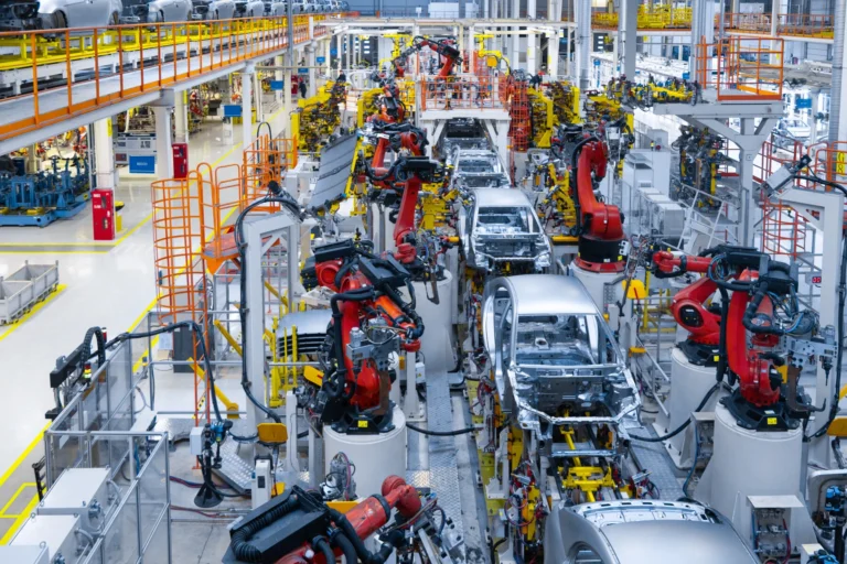 Assembly line production new car automated welding car body production line robotic arm car production line is working
