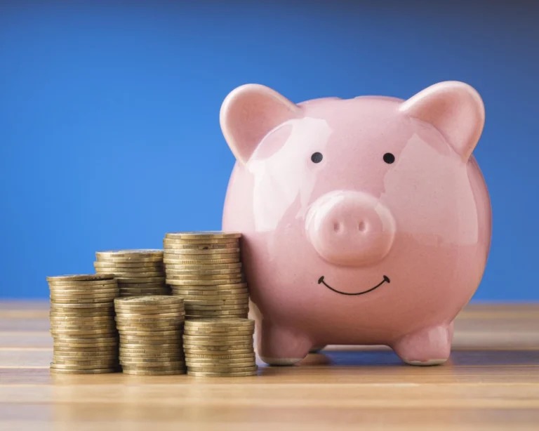 Front view finance elements with pink piggy bank