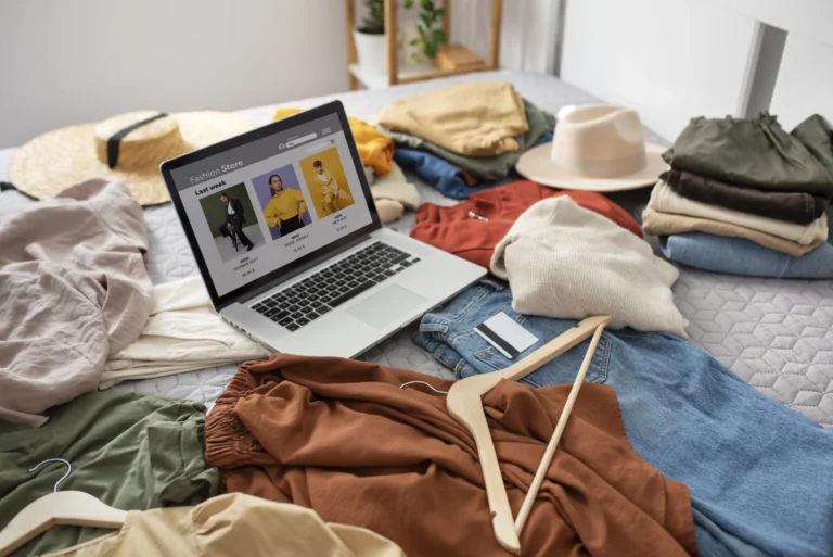Clothes laptop bed arrangement high angle
