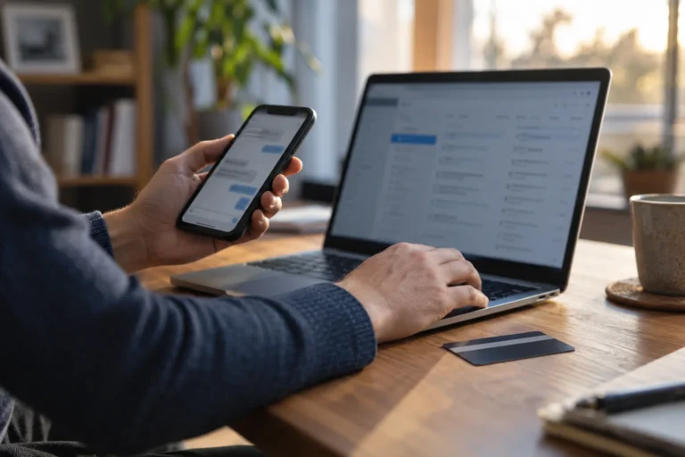 Laptop, telefon a karta v domácí kanceláři
