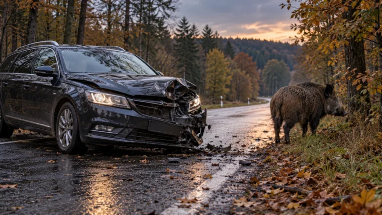 Poškozené auto a divočák na silnici